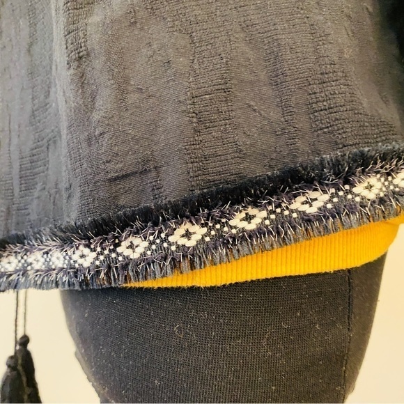 TRIBAL linen jacket embroidered black and white bohemian tassels textured large - Picture 9 of 15